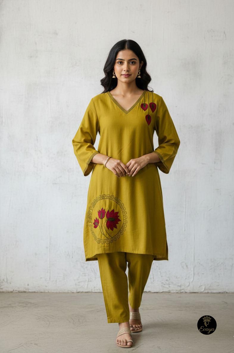 Mustard Floral Embroidered V neck beautiful Co-ord Set