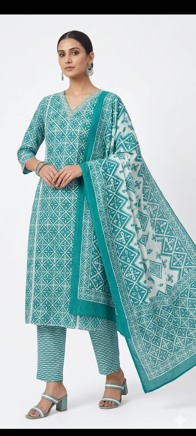 Teal Printed Cotton Kurta Set