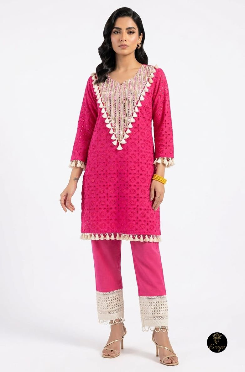 Pink Embroidered Shifli cotton fabric Tassels Co-ord Set
