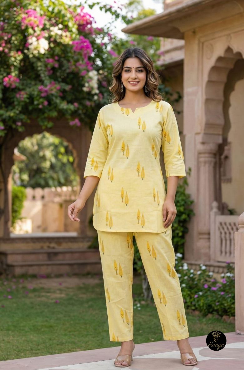 Yellow Cotton Printed Co-ord Set