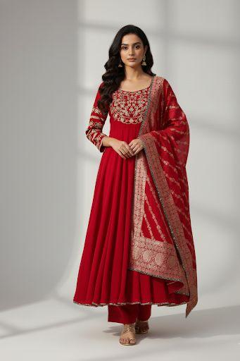 Embroidered Red Anarkali Set