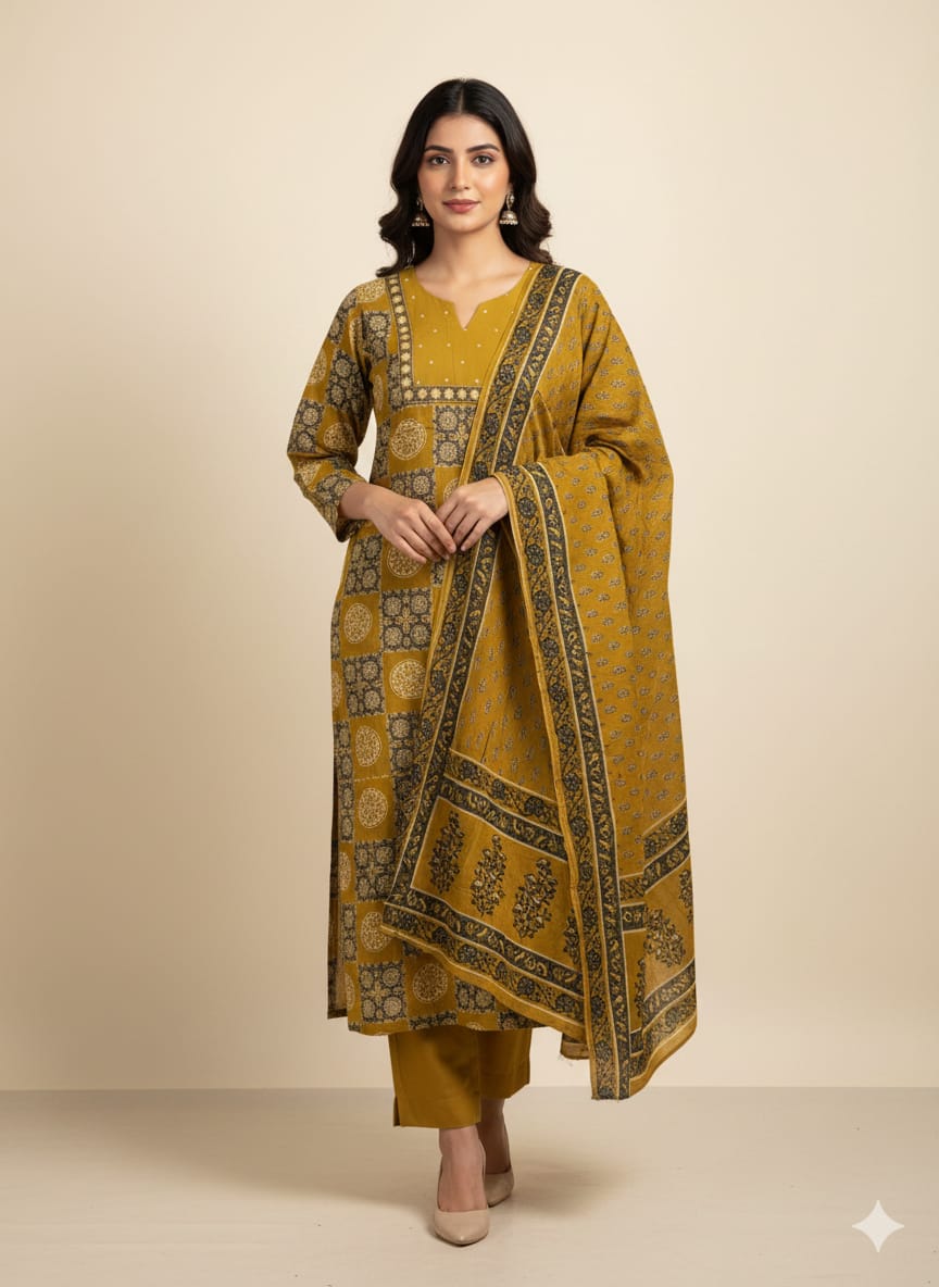 Mustard Printed Cotton Kurta Set