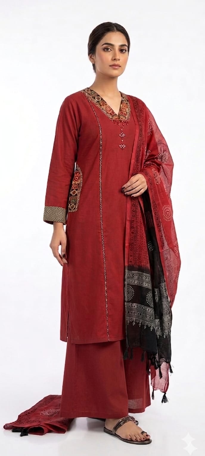 Maroon Cotton Kurta Set