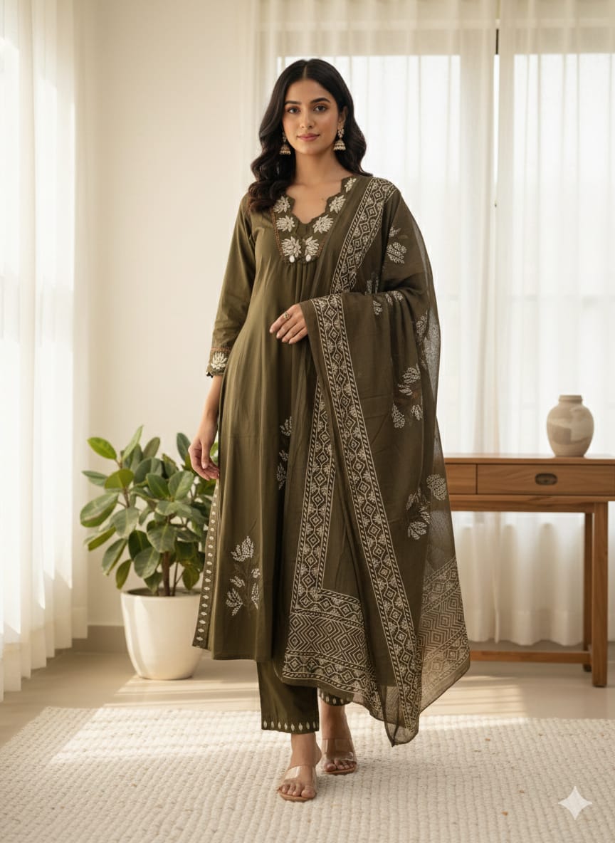 Olive Green Embroidered Kurta Set