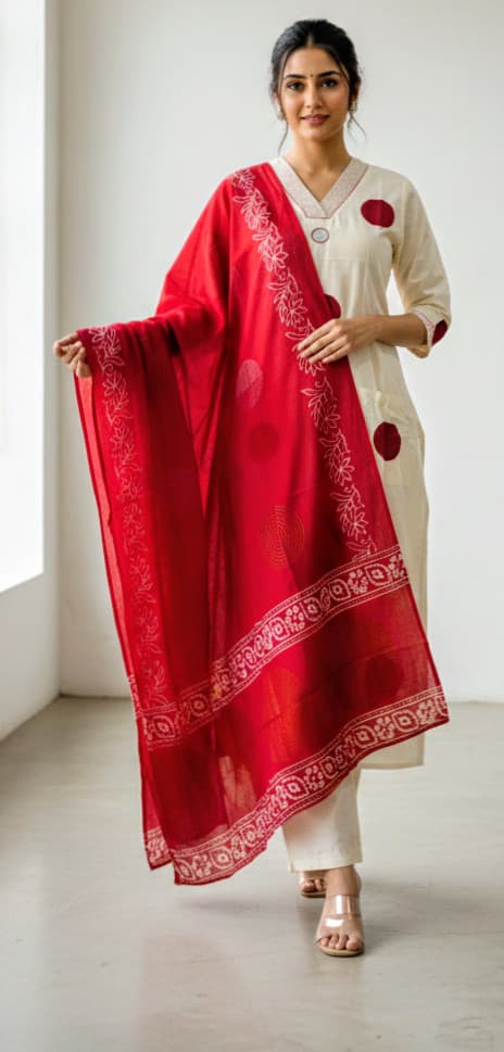 Cream Kurta with Red Chiffon Dupatta