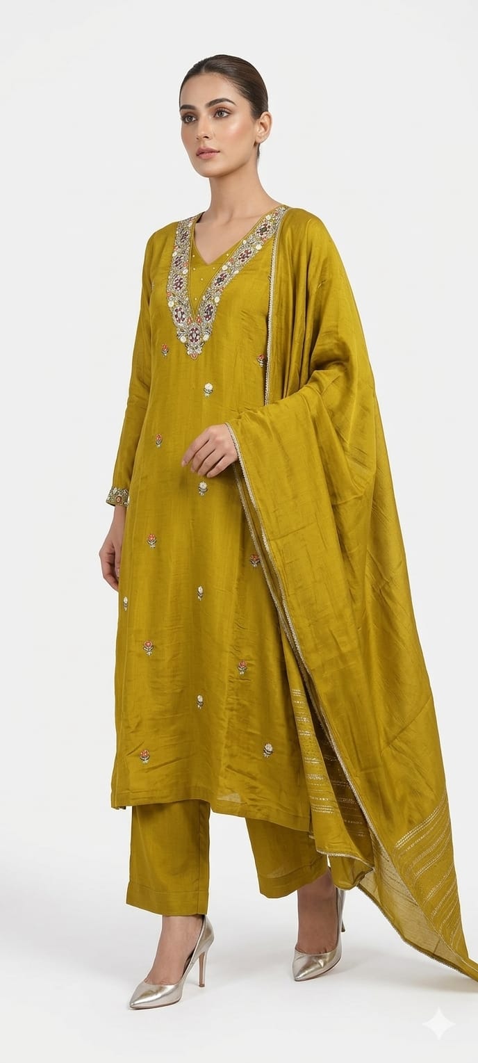 Mustard Embroidered Kurta Set