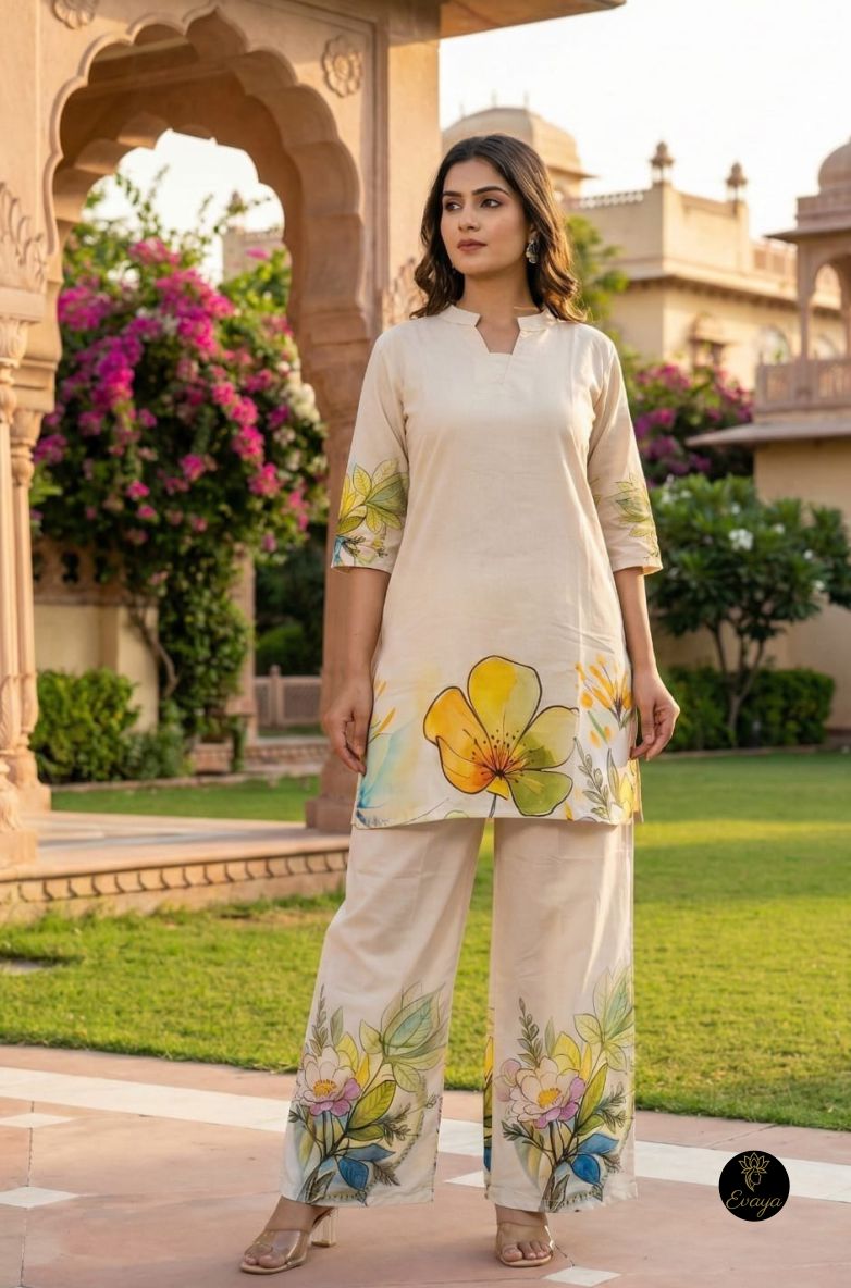 Floral Print Linen Kurta Set