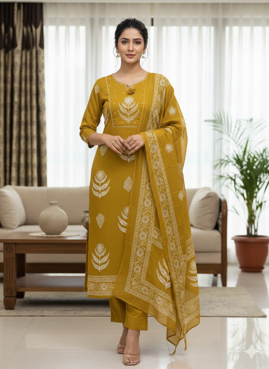 Mustard Printed Kurta Set