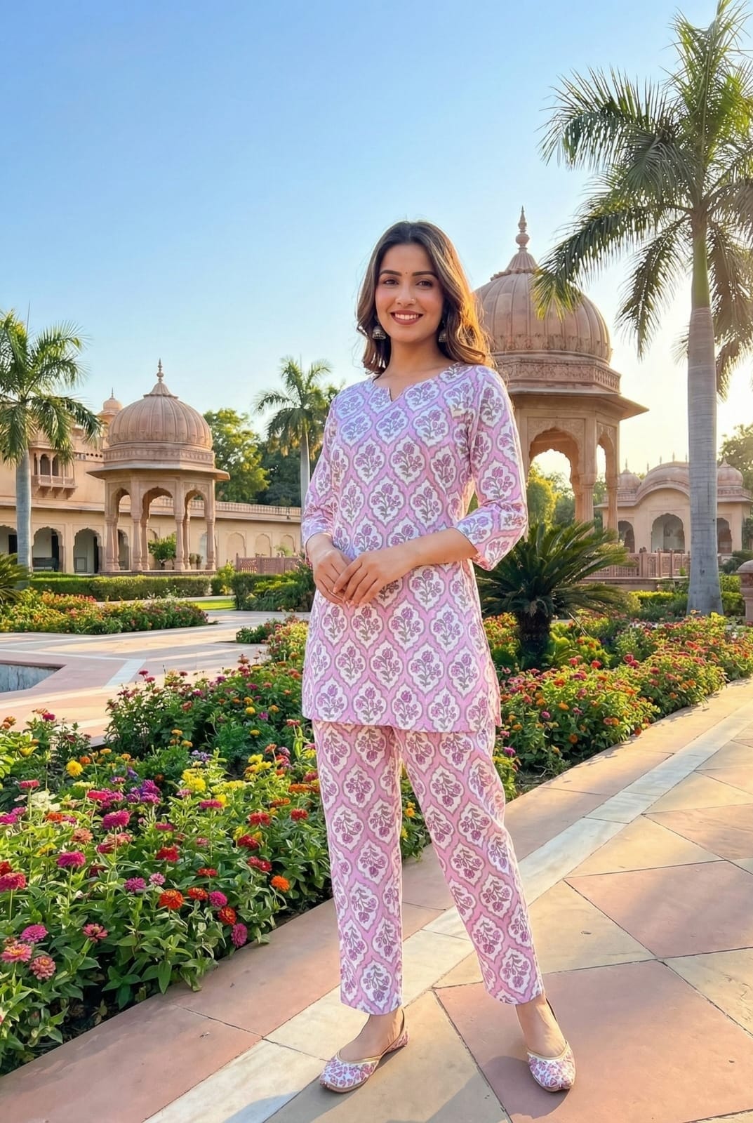 Pink Printed Cotton Kurta Set