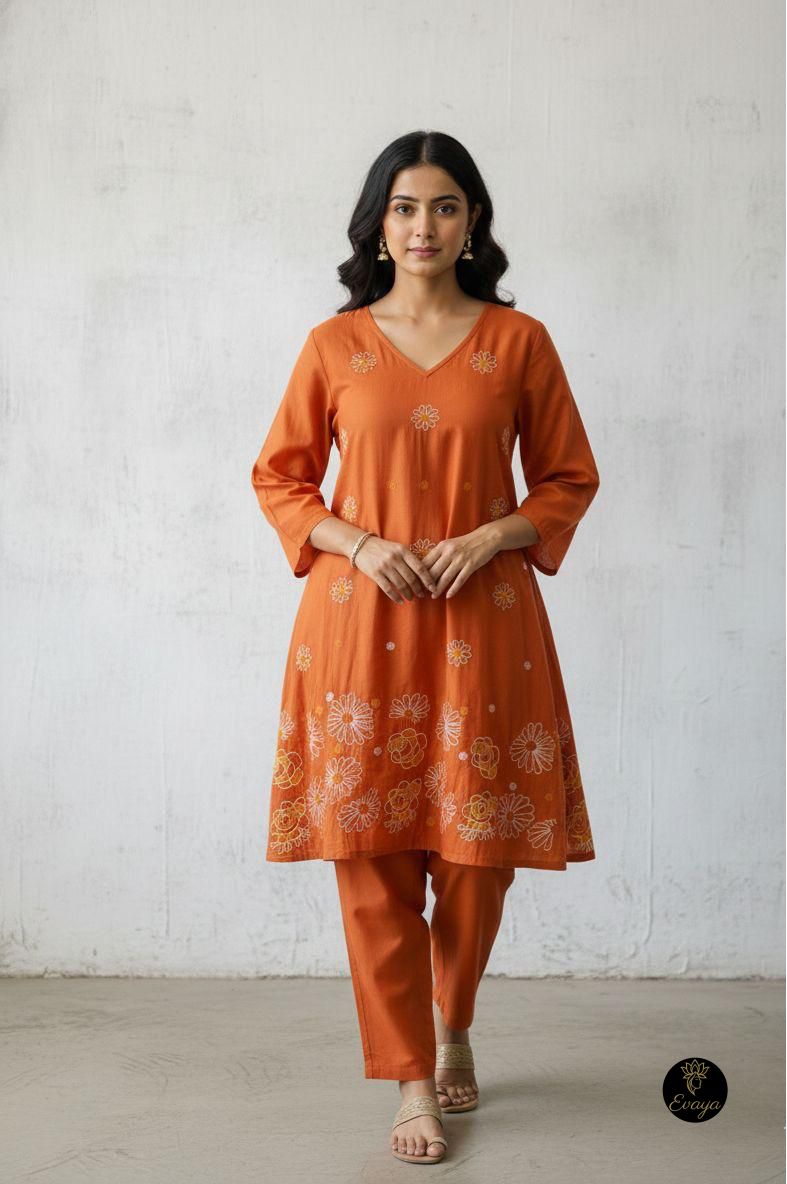 Chinon fabric thread work Orange Printed Co-ord Set