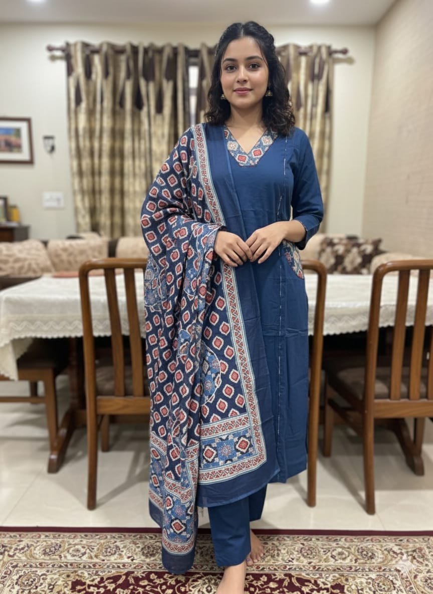 Blue Printed Cotton Salwar Suit