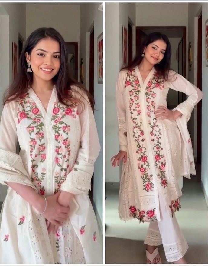Embroidered Cream Kurta Set
