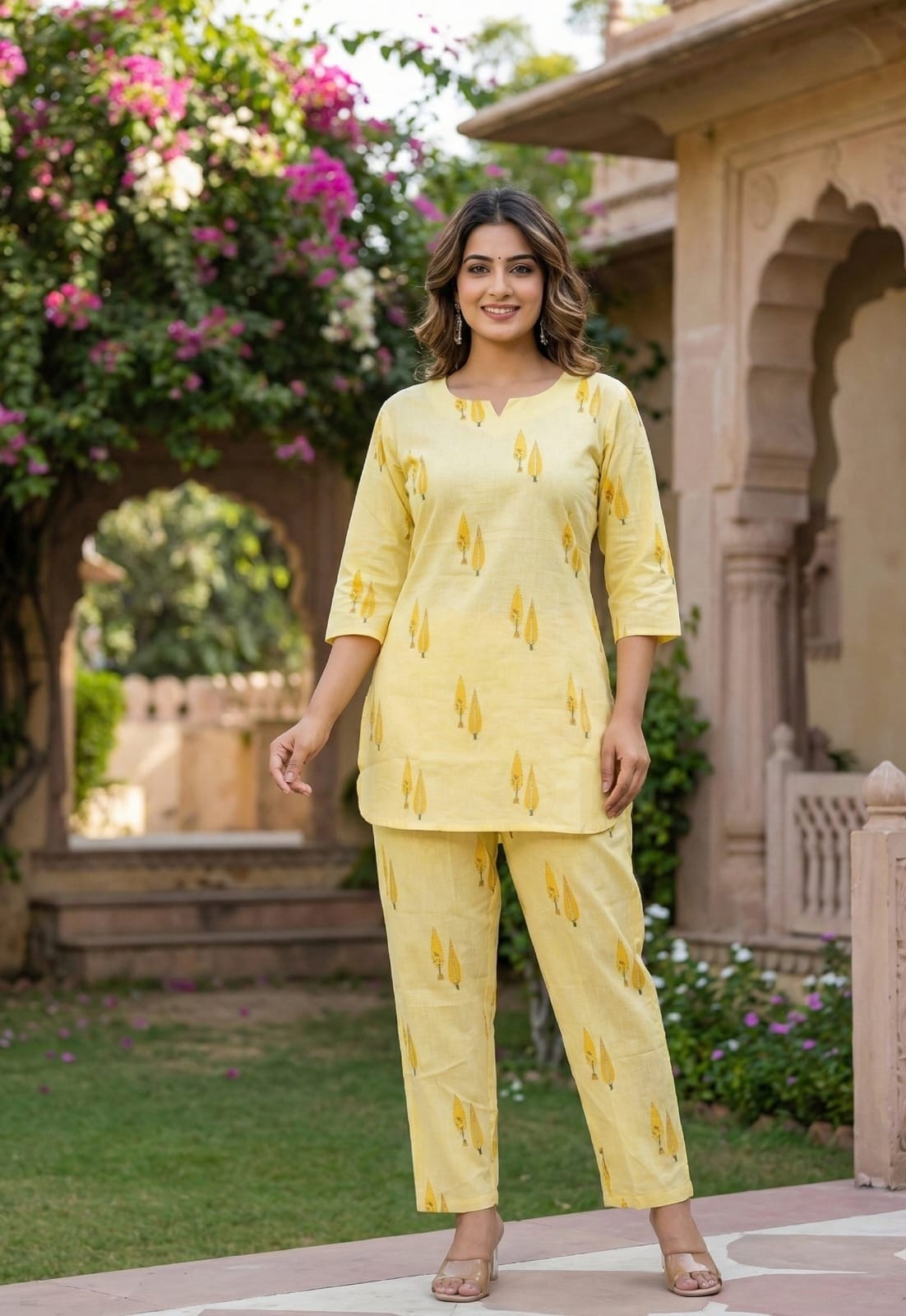 Yellow Printed Cotton Kurta Set