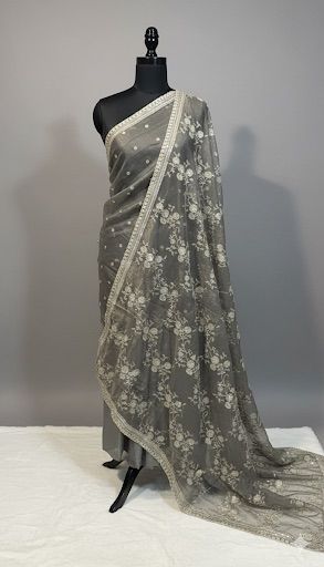 Grey Floral Net Saree