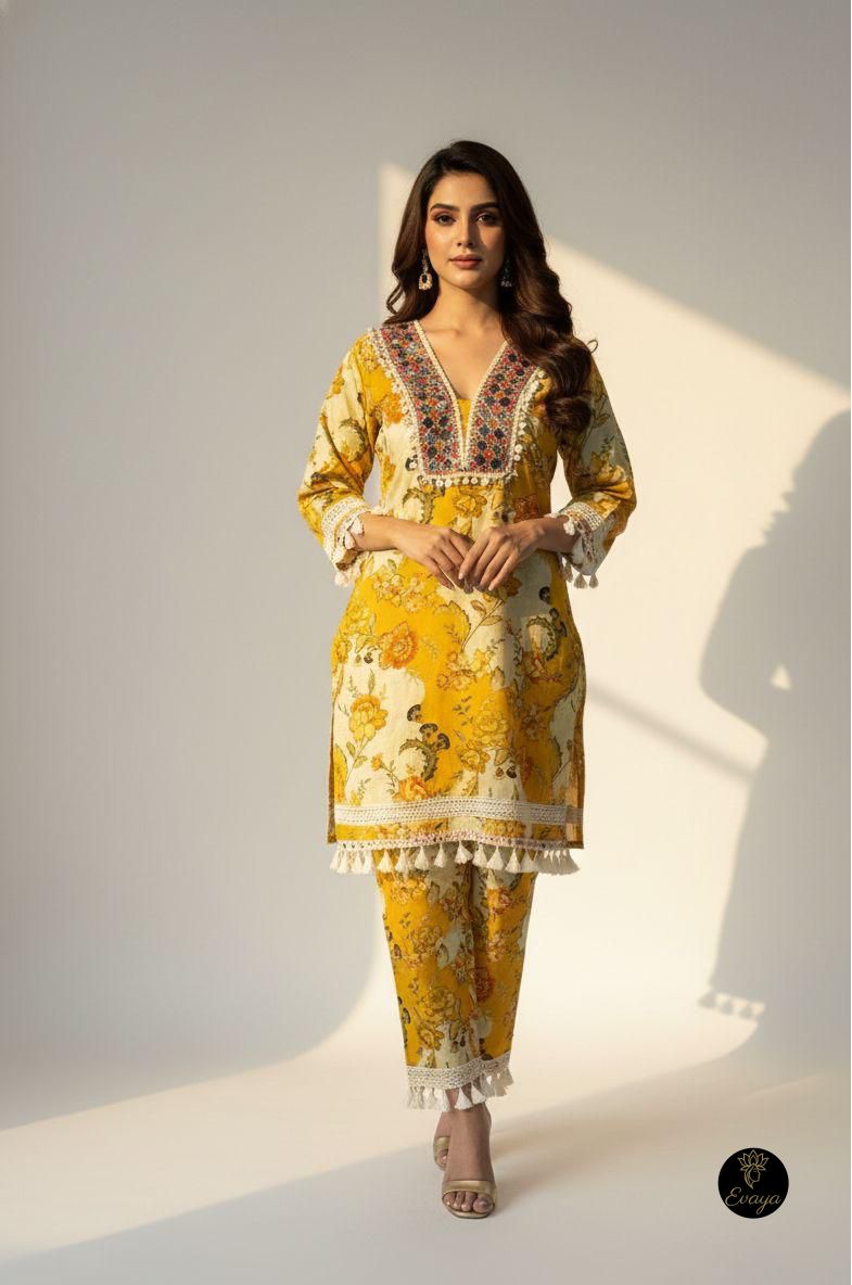 Yellow Floral  V neck Cotton fabric Tassels Co-ord Set