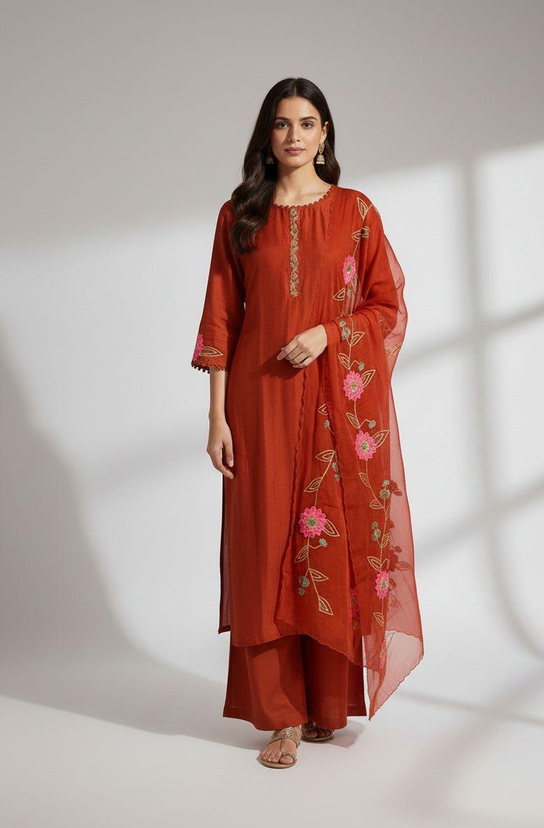 Rust Embroidered Kurta Set