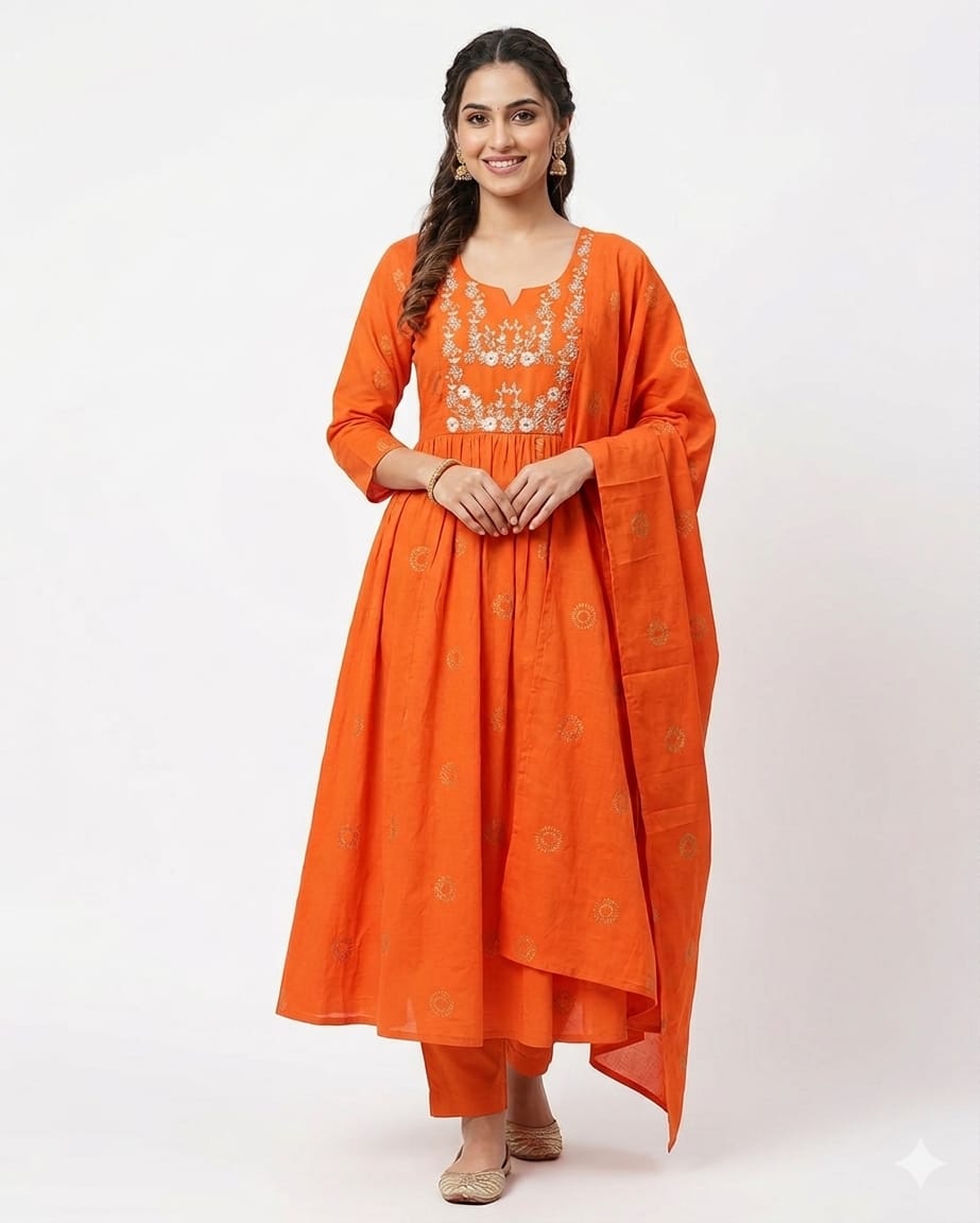 Orange Embroidered Kurta Set