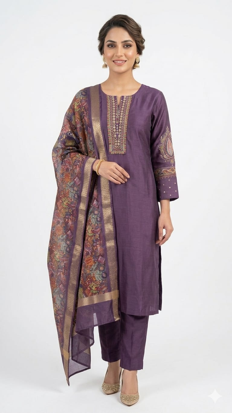 Purple Cotton Embroidered Suit Set
