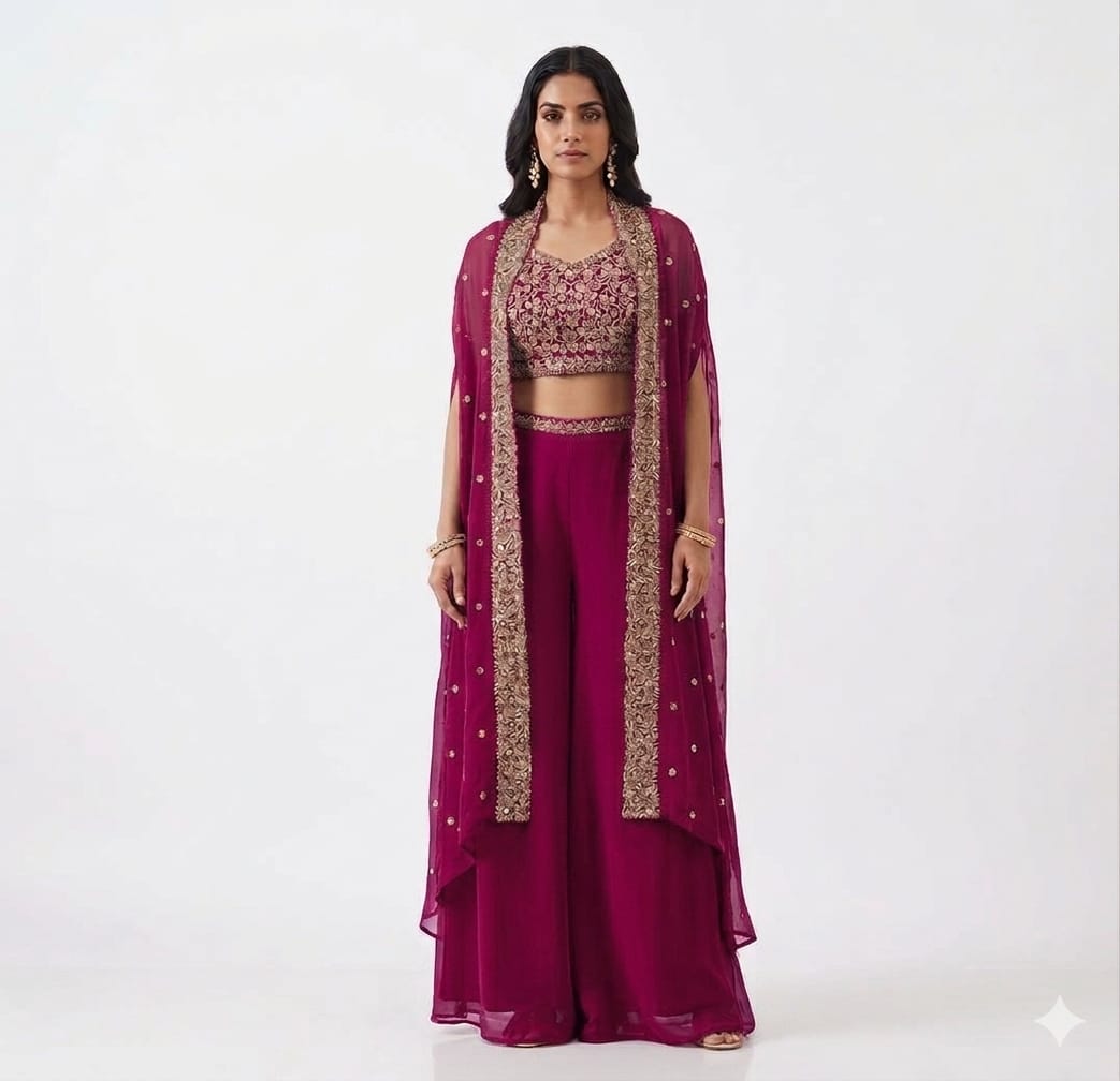 Embroidered Maroon Palazzo Set