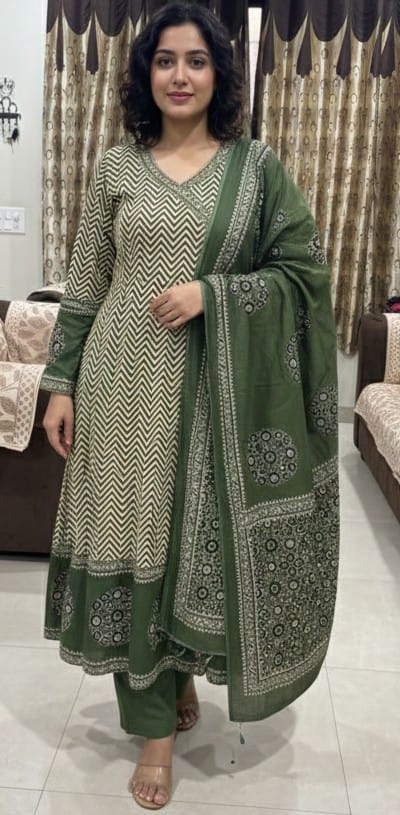 Green Printed Cotton Suit Set