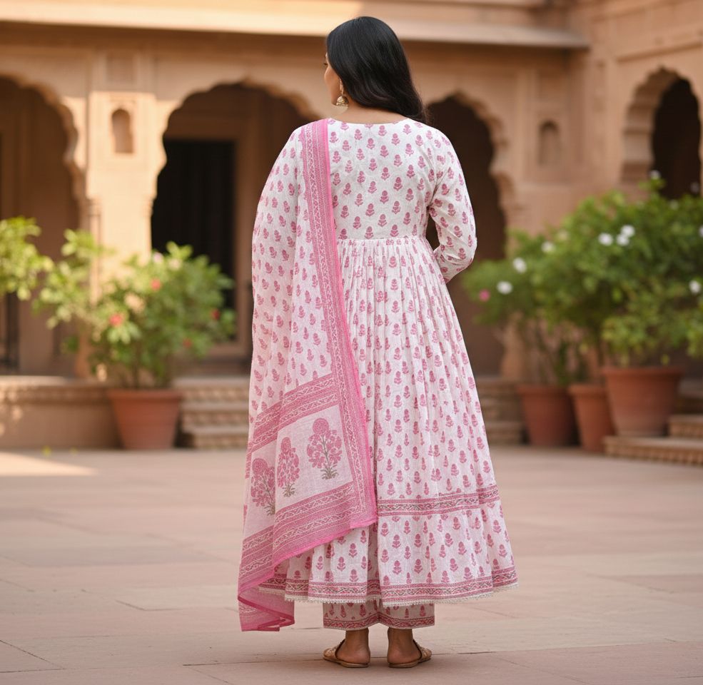 Pink Floral Cotton Anarkali Set
