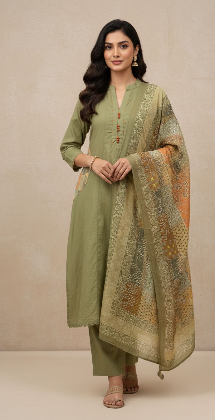 Olive Green Cotton Kurta Set