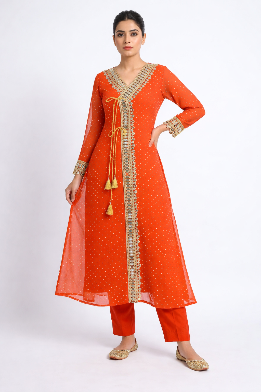 Evaya Bandhani Printed V-Neck Mirror Work Kurta With Trousers