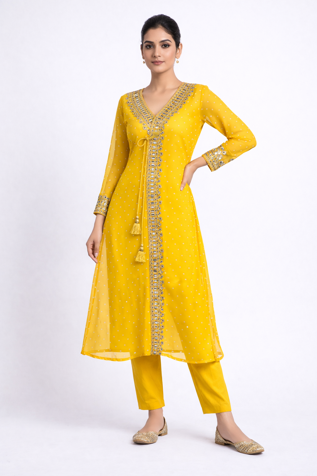 Evaya Bandhani Printed V-Neck Mirror Work Kurta With Trousers