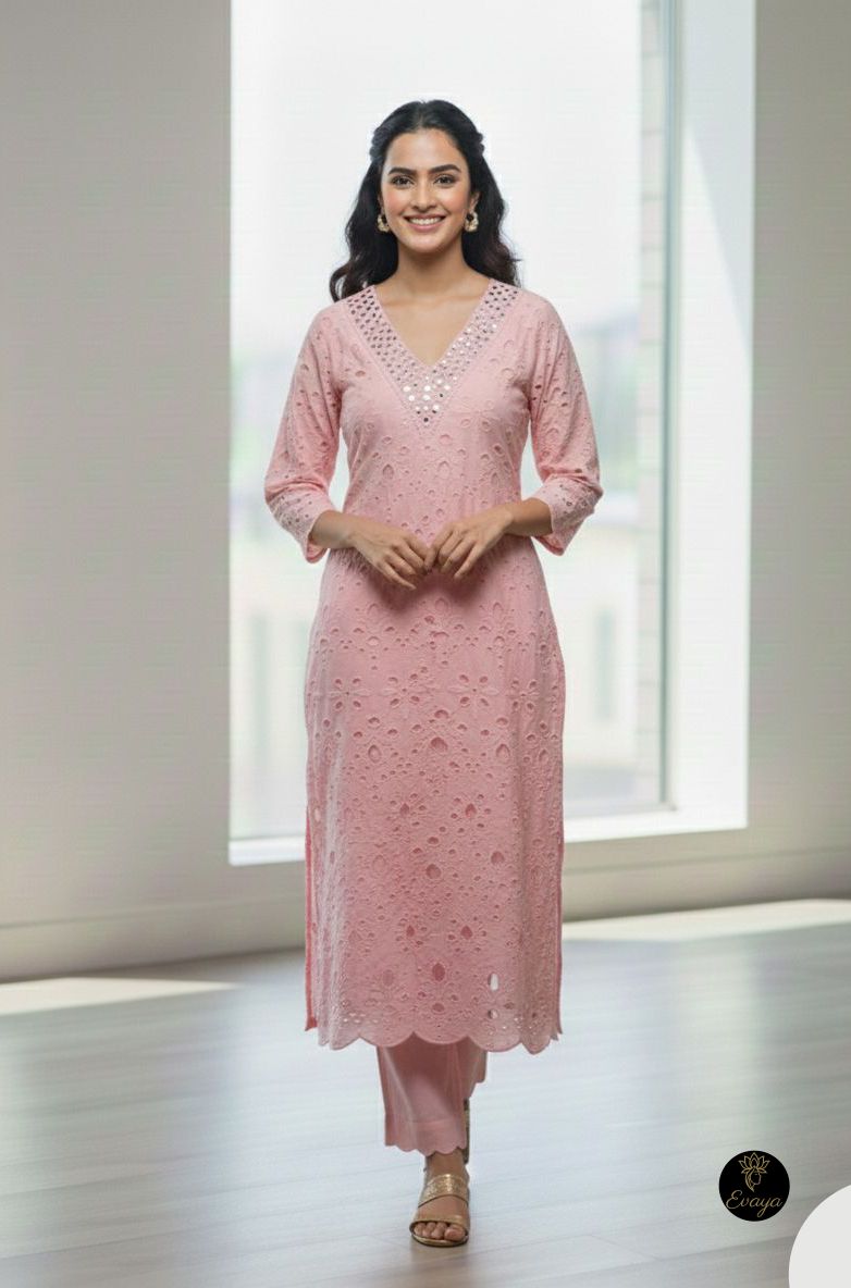 Embroidered Pink, Cotton Shiffli Work V Neck mirror work Co-ord Set