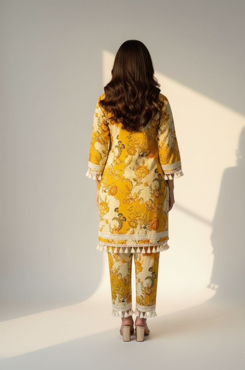 Yellow Floral Embroidered Kurti Set