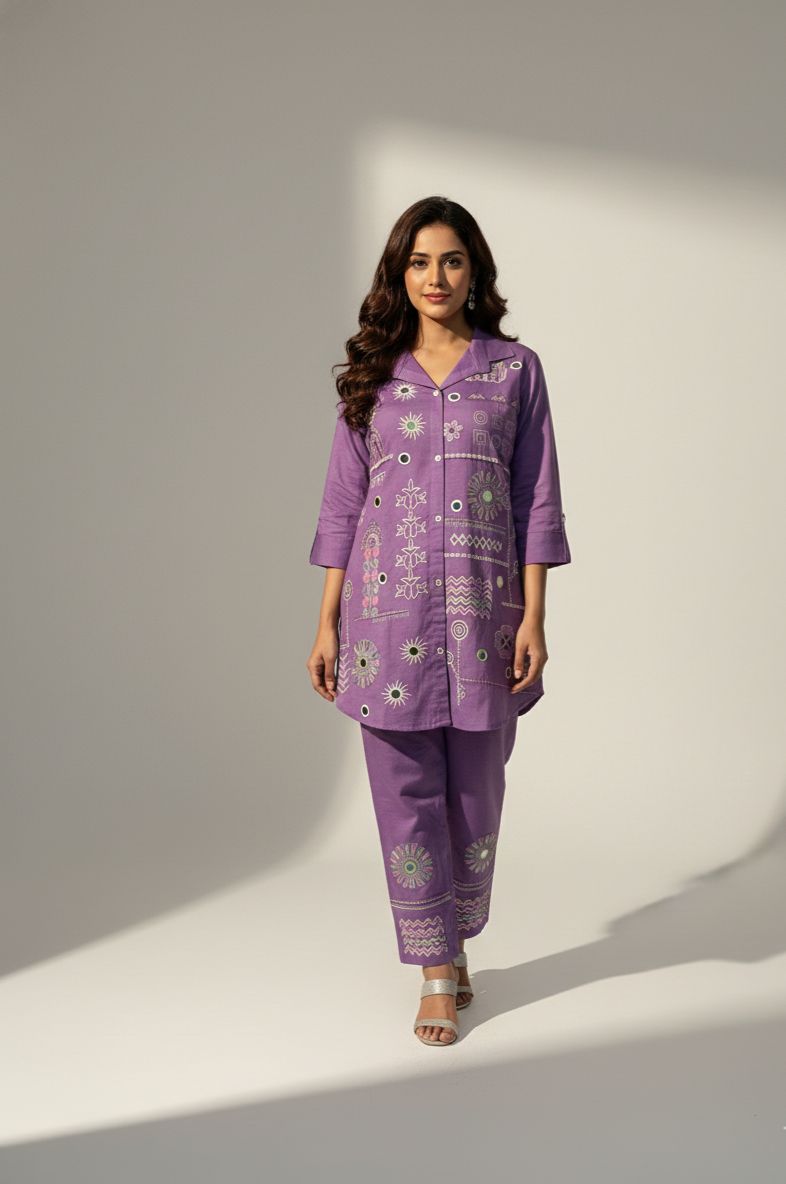Purple Printed Cotton Kurta Set