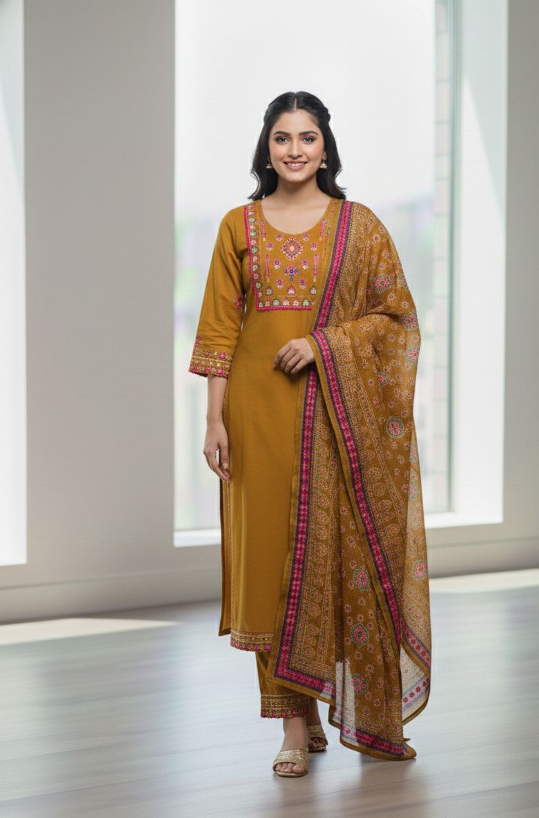 Mustard Embroidered Cotton Kurta Set