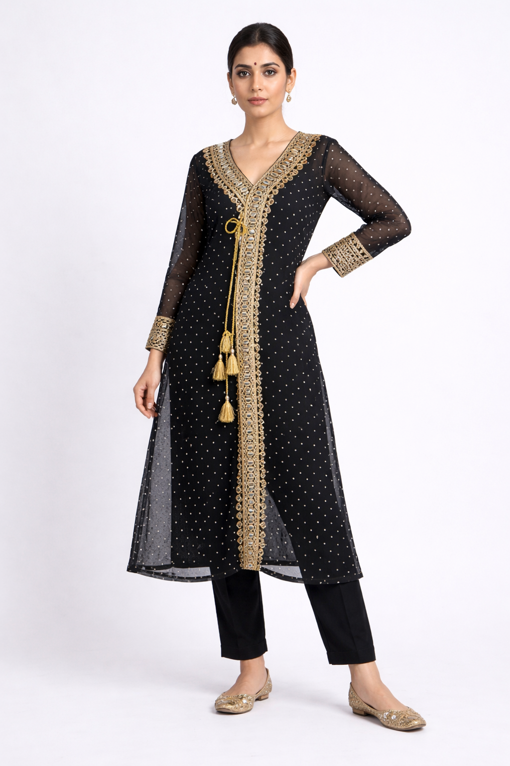 Evaya Bandhani Printed V-Neck Mirror Work Kurta With Trousers