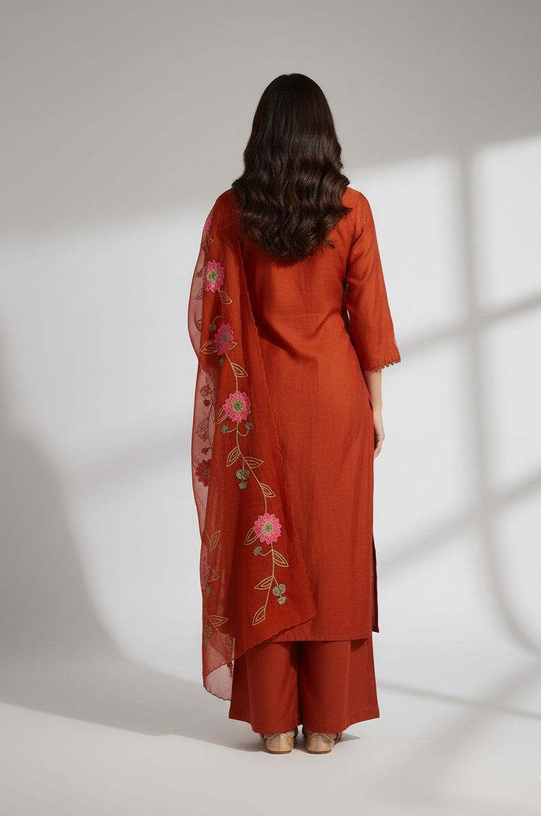 Rust Orange Embroidered Kurta Set