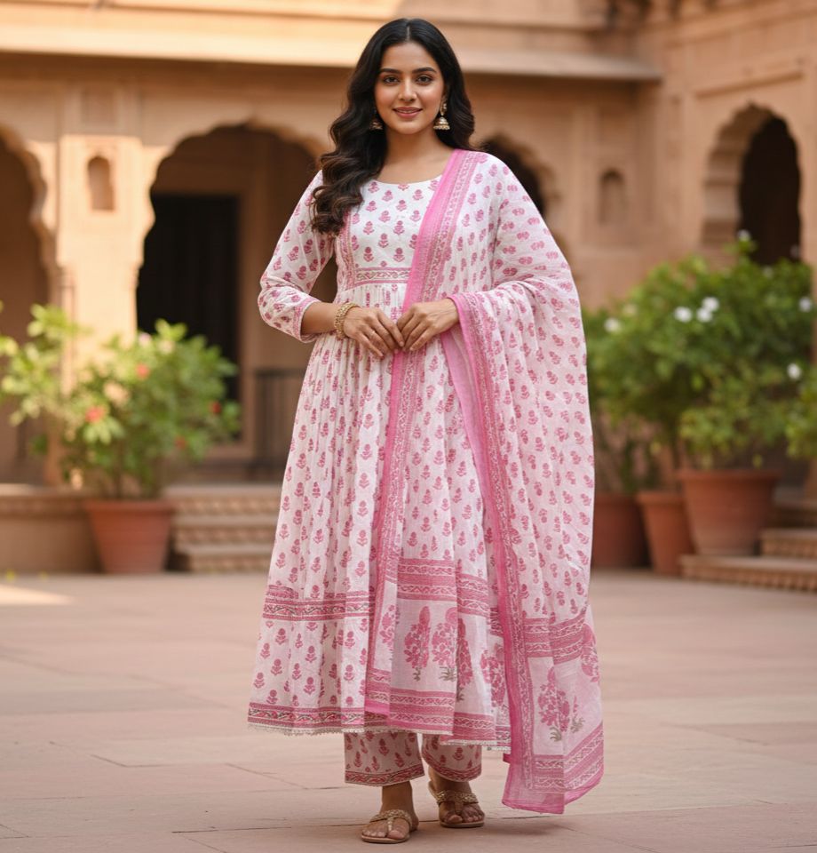 Pink Floral Cotton Anarkali Set