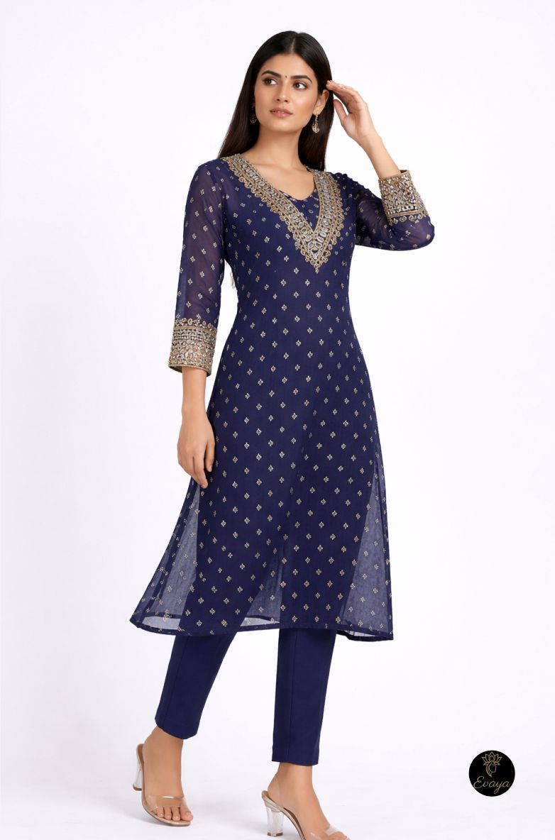 Evaya Bandhani Printed V-Neck Mirror Work Kurta with Trousers 