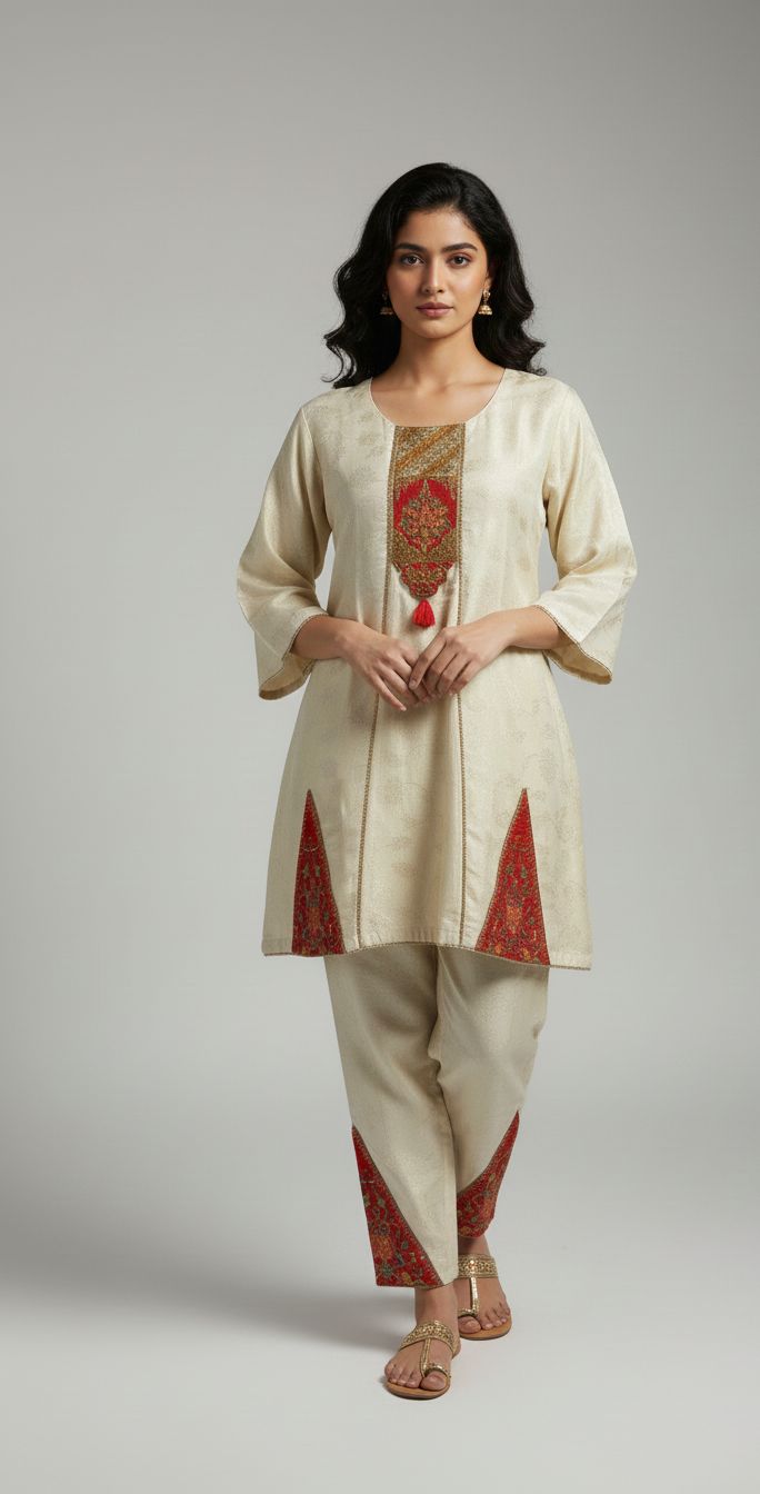 Cream & Red Ethnic Kurta Set