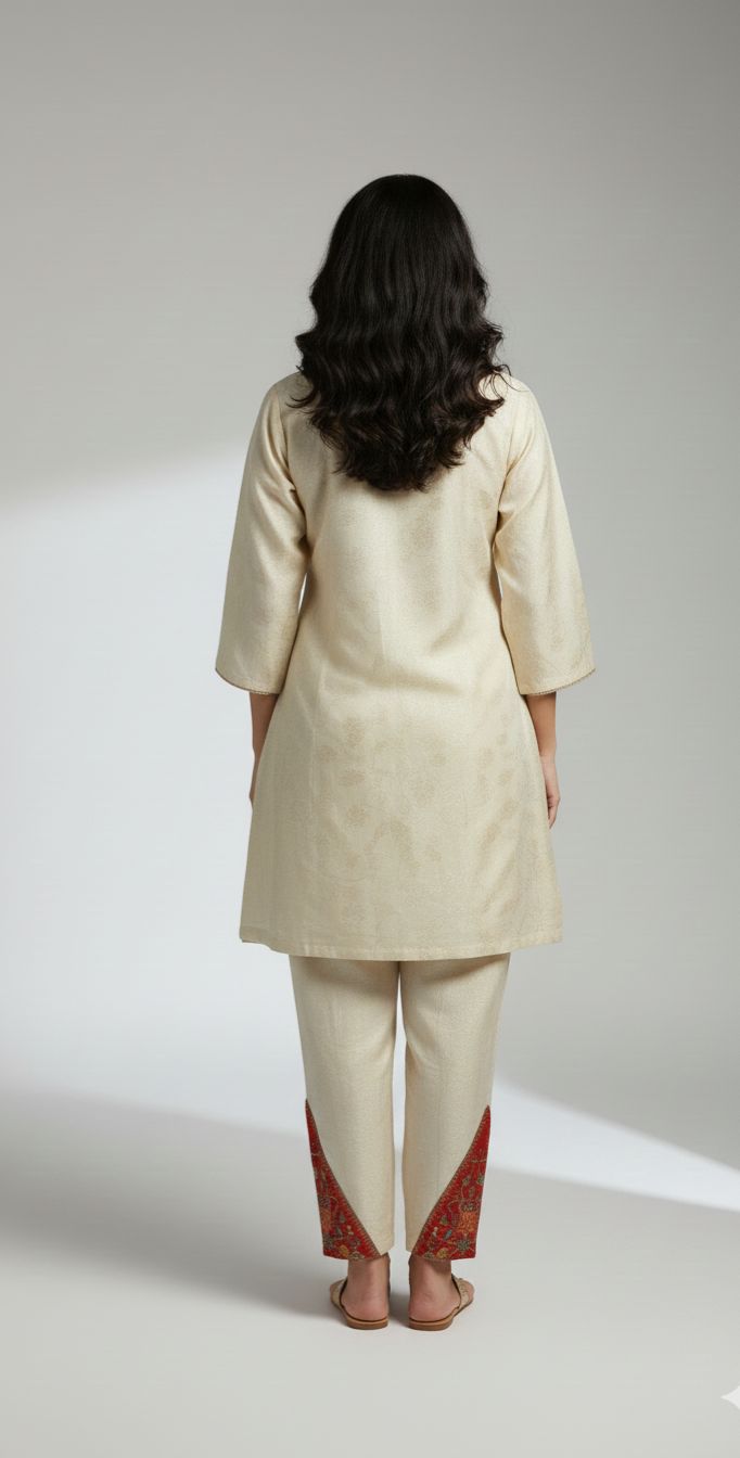 Cream & Red Ethnic Kurta Set