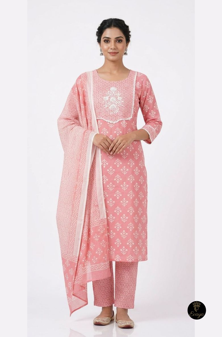 Pink Printed Cotton Kurta Set