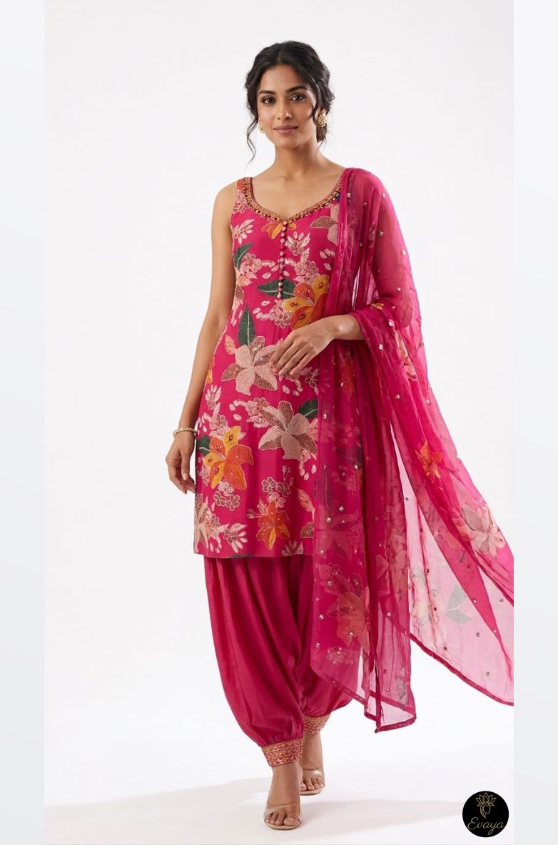 Pink Floral Printed Punjabi Suit