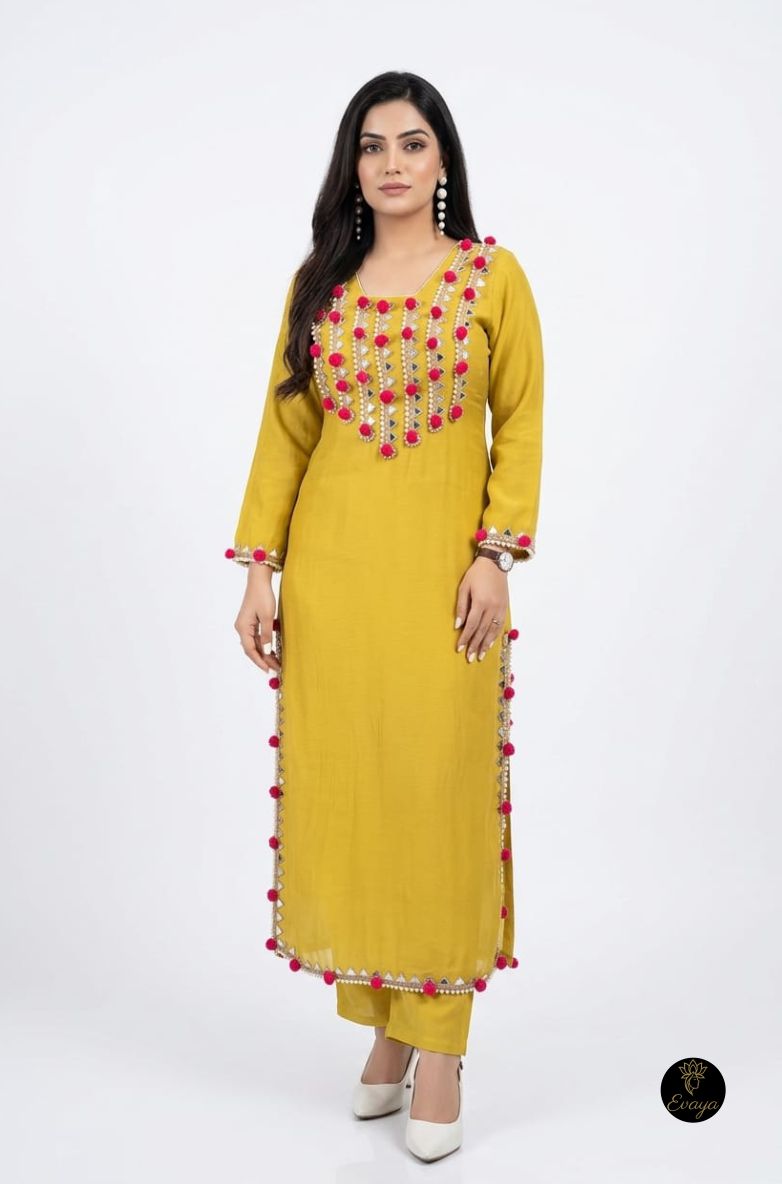 Deep Yellow Mal Chanderi Heavy Pearl, Mirror & Pom Pom Long Length party were Co-ord Set