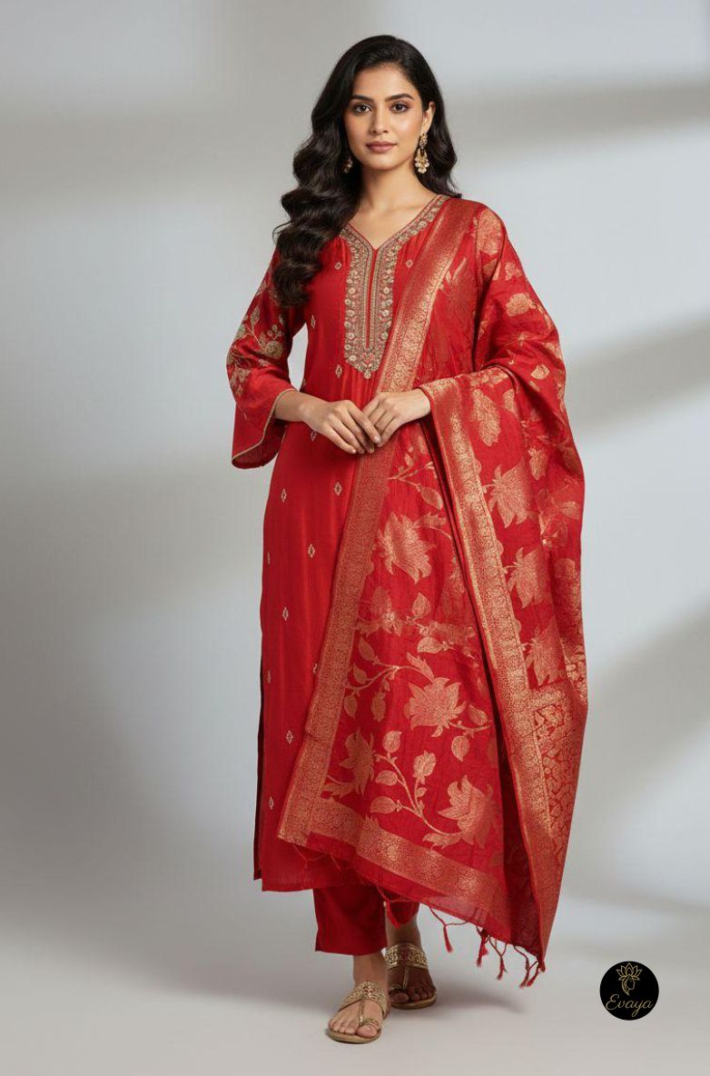 Red Embroidered Kurta Set