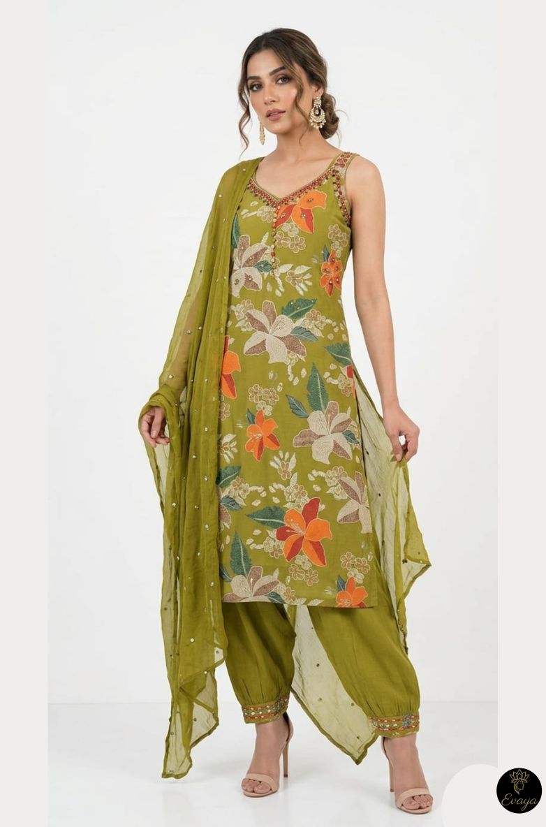 Olive Green Floral Punjabi Suit