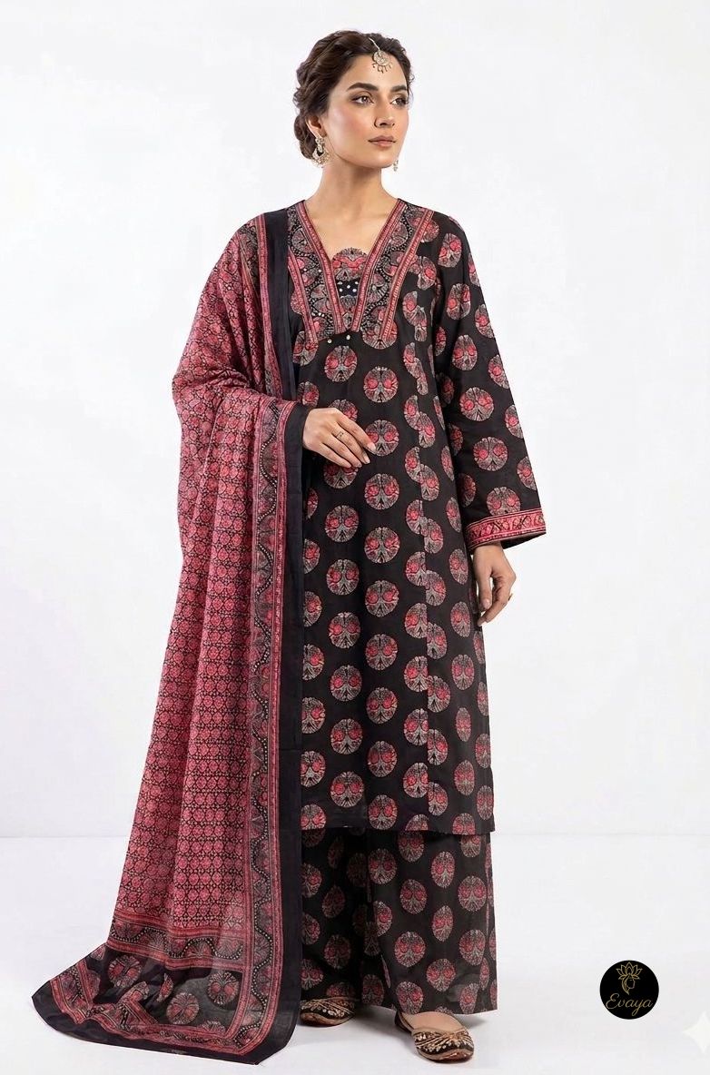Black Printed Cotton Suit Set