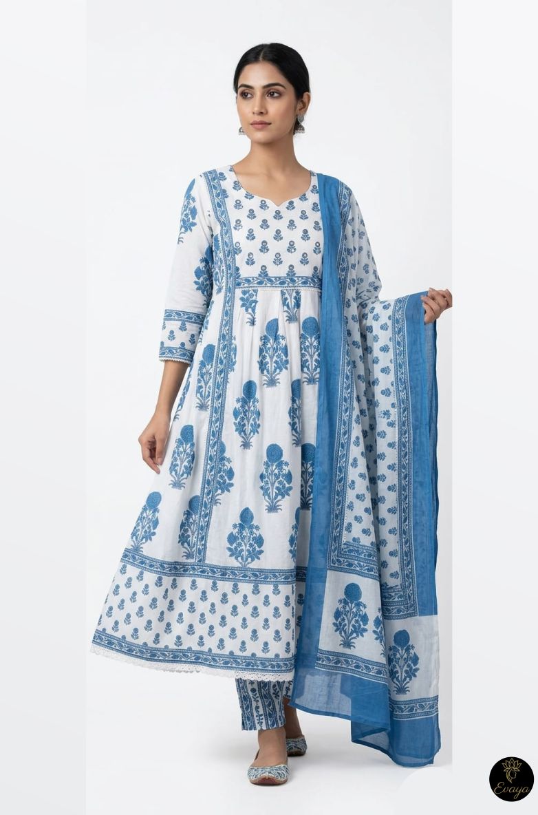 White & Blue Cotton Frock Suit