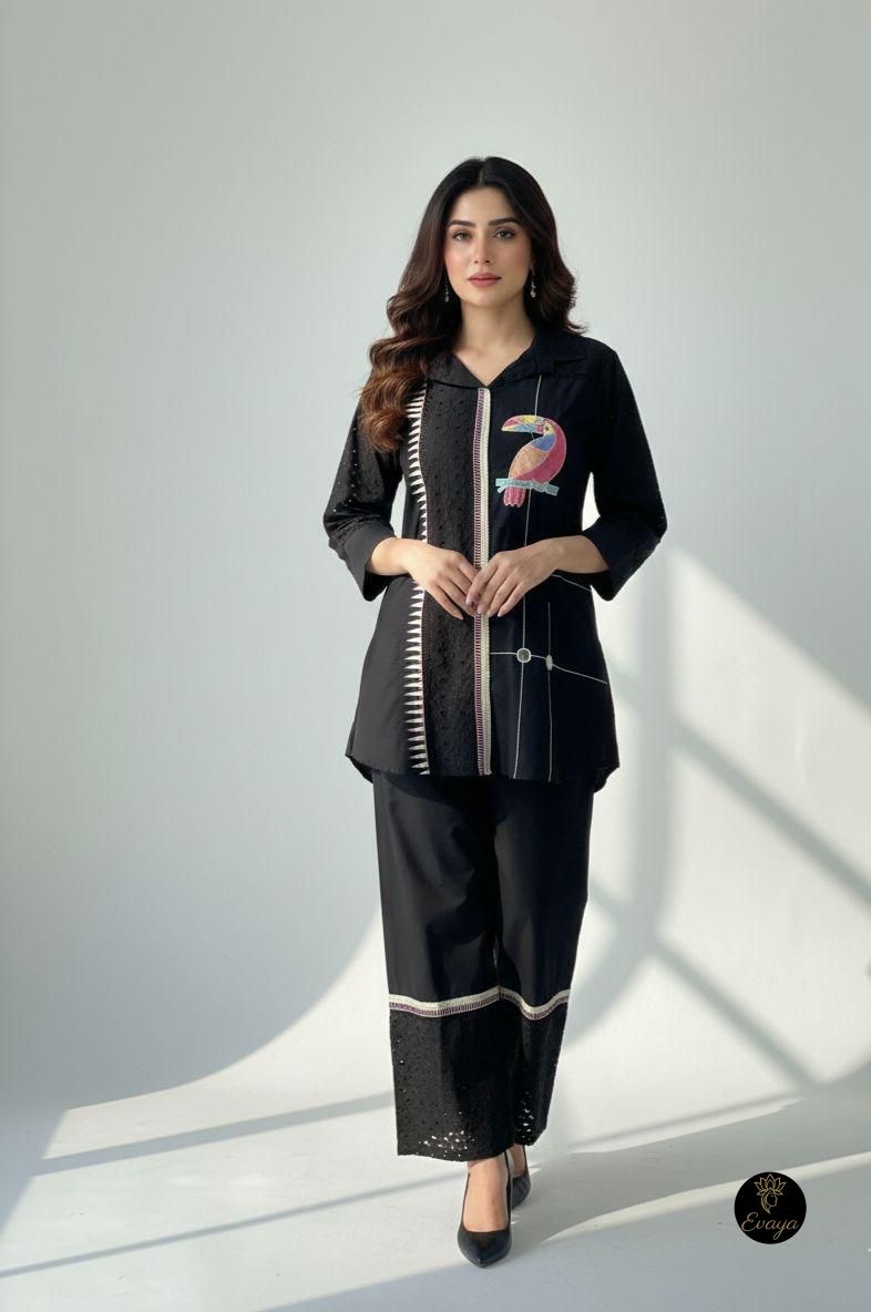 Embroidered Cotton, Mirror worked Black Co-ord Set