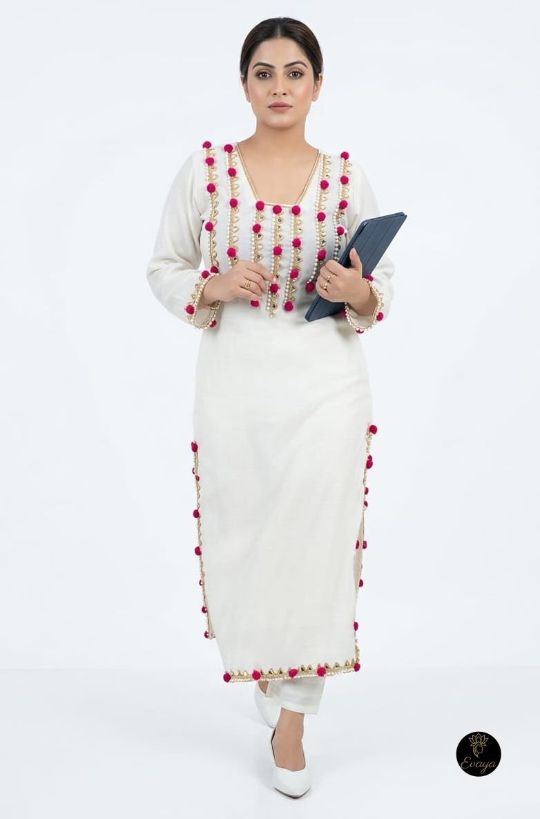 Moon White Mal Chanderi Heavy Pearl, Mirror & Pom Pom Long Length party were Co-ord Set