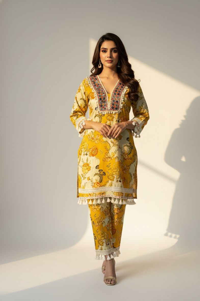 Yellow Floral Embroidered Kurti Set