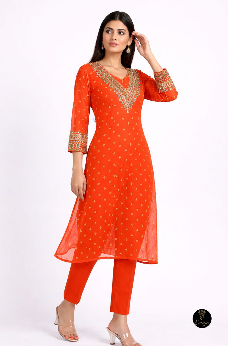 Evaya Bandhani Printed V-Neck Mirror Work Kurta with Trousers 