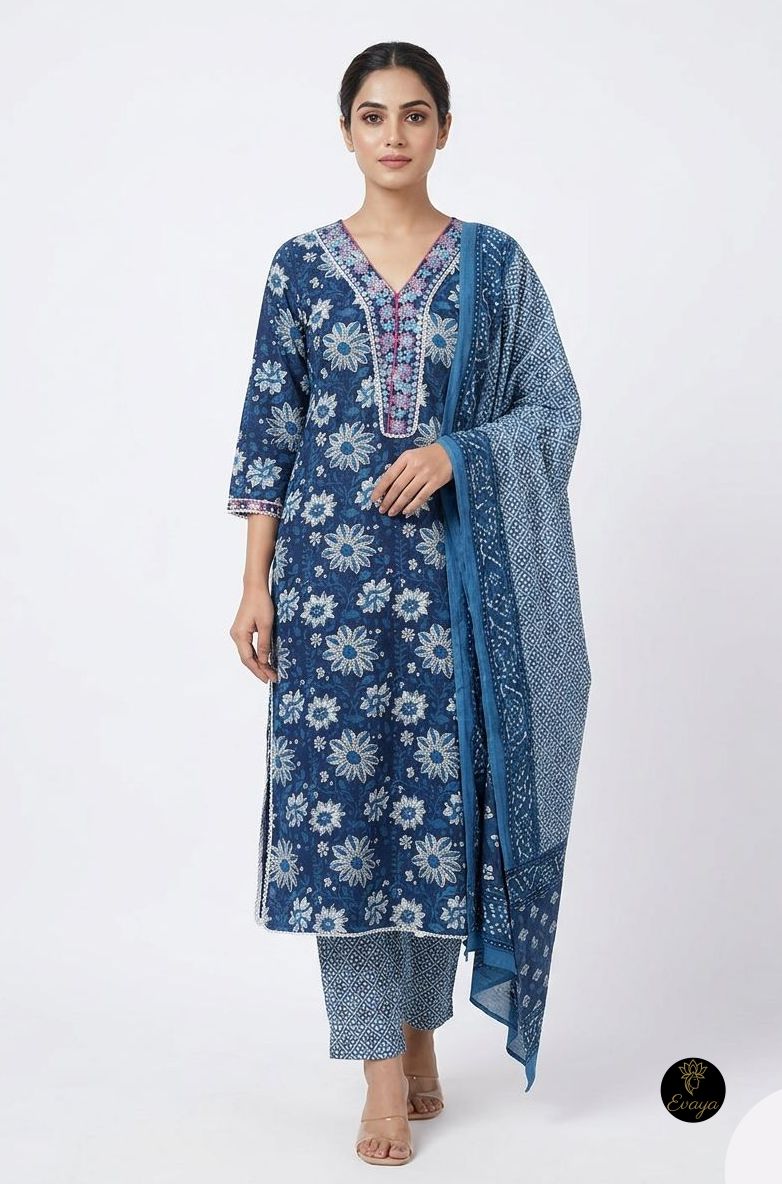 Blue Floral Cotton Kurta Set